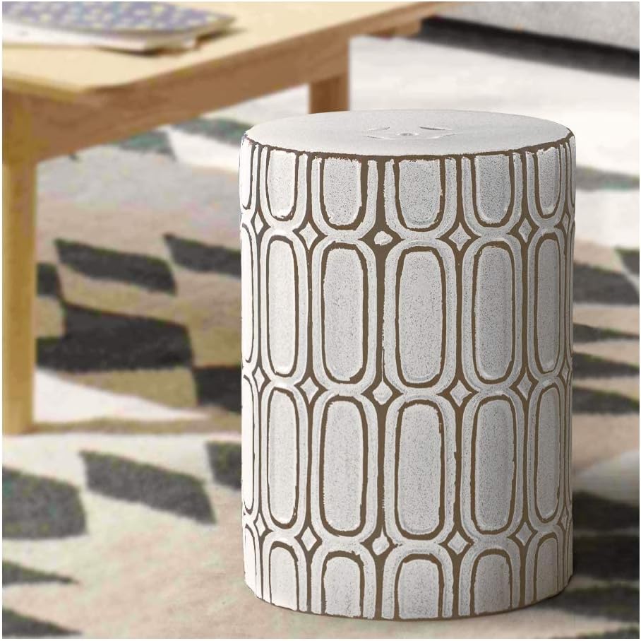 MOTINI Heavy Duty Ceramic Decorative Garden Stool Elliptical Pattern Side Table for Indoor, Outdoor, Garden, Patio, Lawn, Home Decor, 16 H, White and Brown