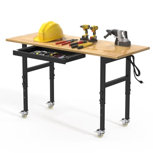 Workbench, 60" Adjustable Height Work Table with Power Outlet, Drawer and Wheels, 2000 LBS Load Capacity Hardwood Work Bench for Garage, Workshop, Home, Office (60" X 24")