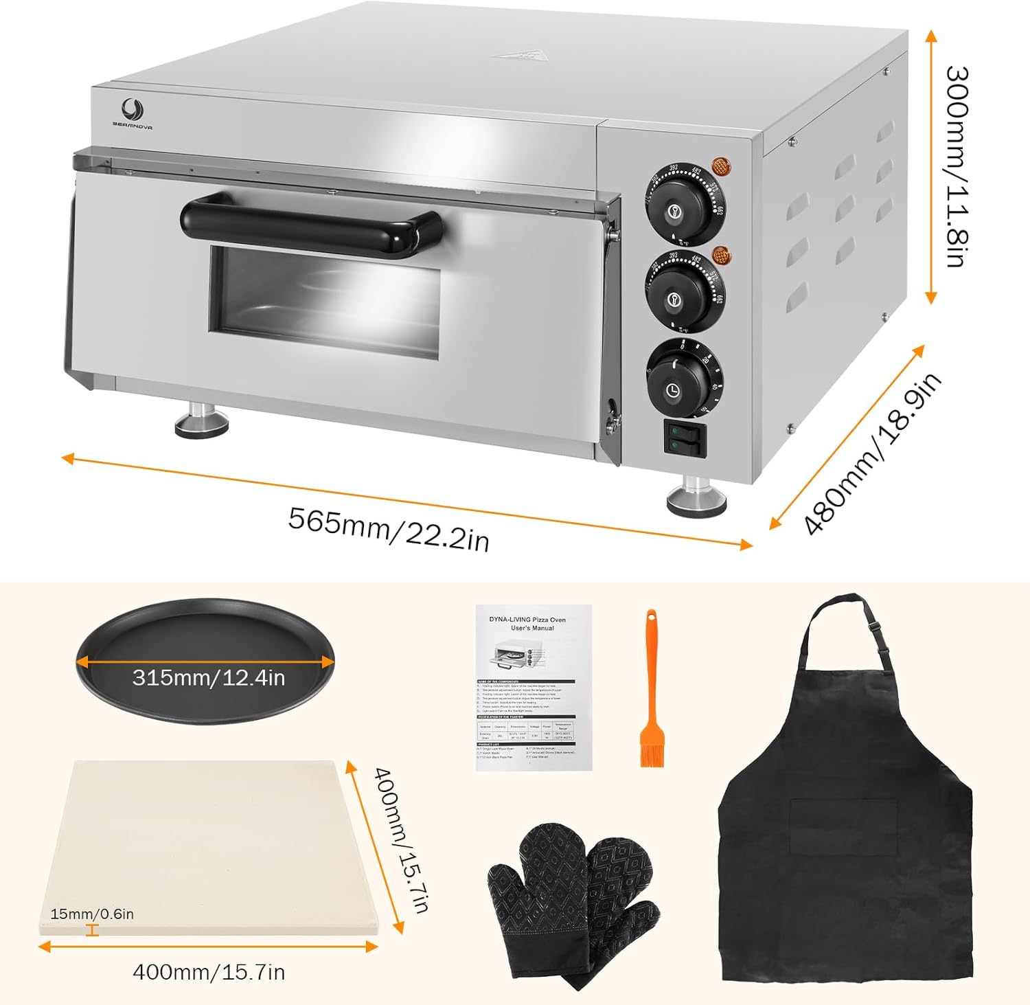 BEAMNOVA Electric Commercial Pizza Oven Countertop,1900W Adjustable Temperature Pizza Oven with 12 Inch Pizza Pan and Pizza Stone for Restaurant Home Pretzels Baked…