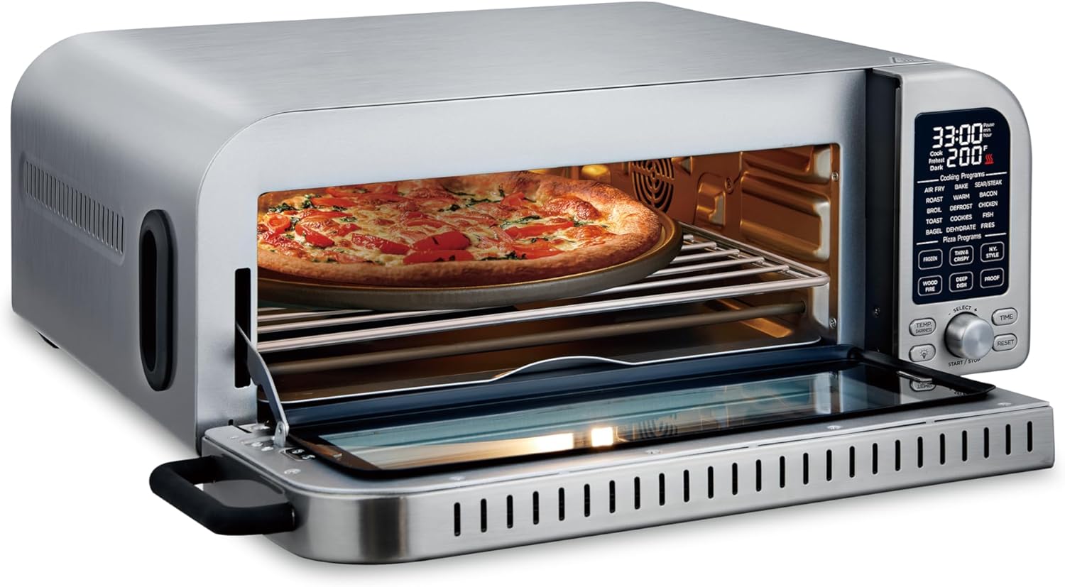 Salton Pizzadesso Professional Pizza Oven, Ultra High Heat Temperature Woodfired Electric Air Fry Toaster Oven with Six Pizzeria Settings for NY Style, Chicago Deep Dish, Proofing (TO2122SS)