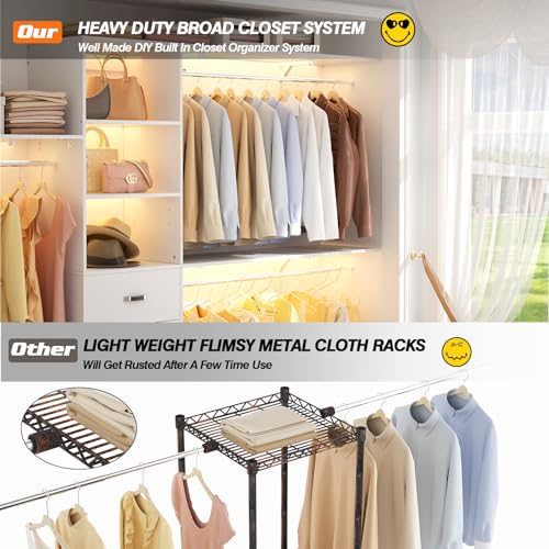 Armocity 120 Inches Closet System, 10FT Walk In Closet Organizer with 3 Shelving Towers, Heavy Duty Clothes Rack with 3 Drawers, Built-In Garment Rack, 120" L x 16" W x 75" H, Load 1300 LBS, White Oak