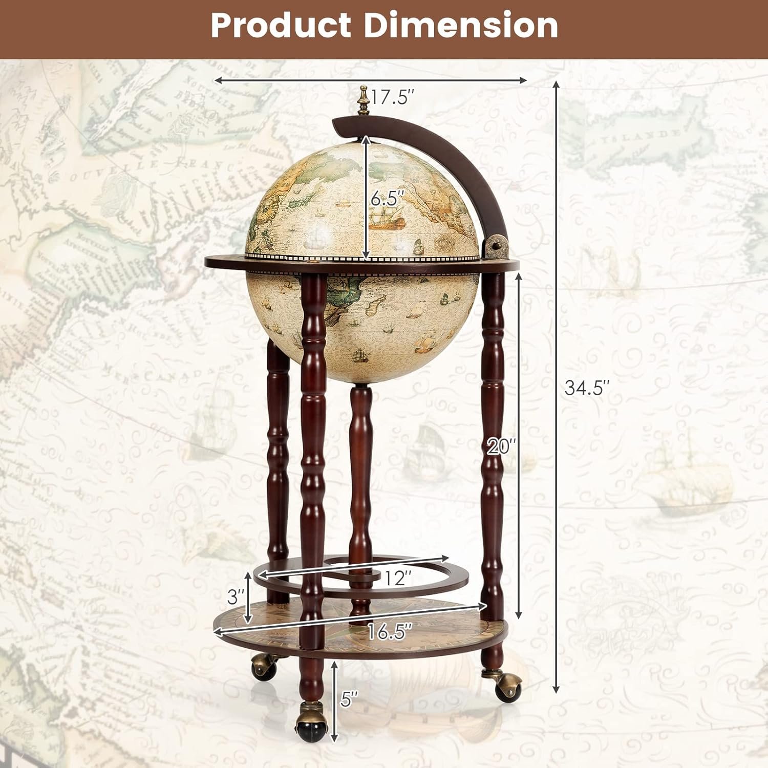 Globe Bar, Wood Globe Wine Bar Stand, 16th Century Italian Rack Liquor Bottle Shelf, Replica Globe Bar Liquor Cabinet w/Wheels, Globe Bar Cart for Wine Spirits Beverage Stemware(Creamy White)