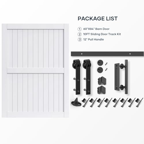 EaseLife 54 x 84 inch White Barn Door with 9FT Sliding Door Hardware Kit Included & Handle,Solid Wood Covered with Waterproof PVC Surface,DIY Assemblely,Easy Install,H-Frame,Fit 50-52in Wide Opening