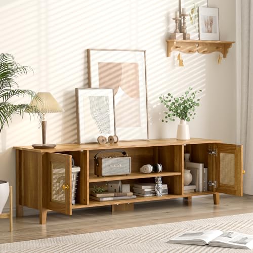 Rattan TV Stand for 65 70 inch TV Entertainment Center Wood TV Stands for Living Room with Storage, Mid Century Television Console for Bedroom