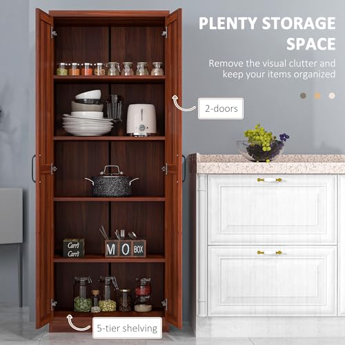 HOMCOM 63" 2-Door Kitchen Pantry, Freestanding Storage Cabinet with 5-Tier Shelving and 2 Adjustable Shelves for Dining Room, Espresso