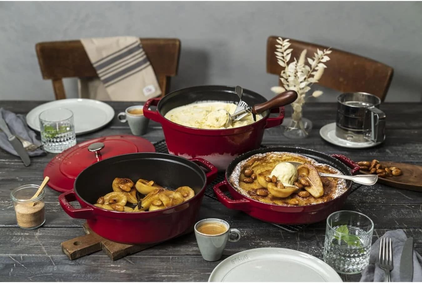 STAUB La Cocotte 3-Piece Round Cast Iron Saucepan Set Cherry Red