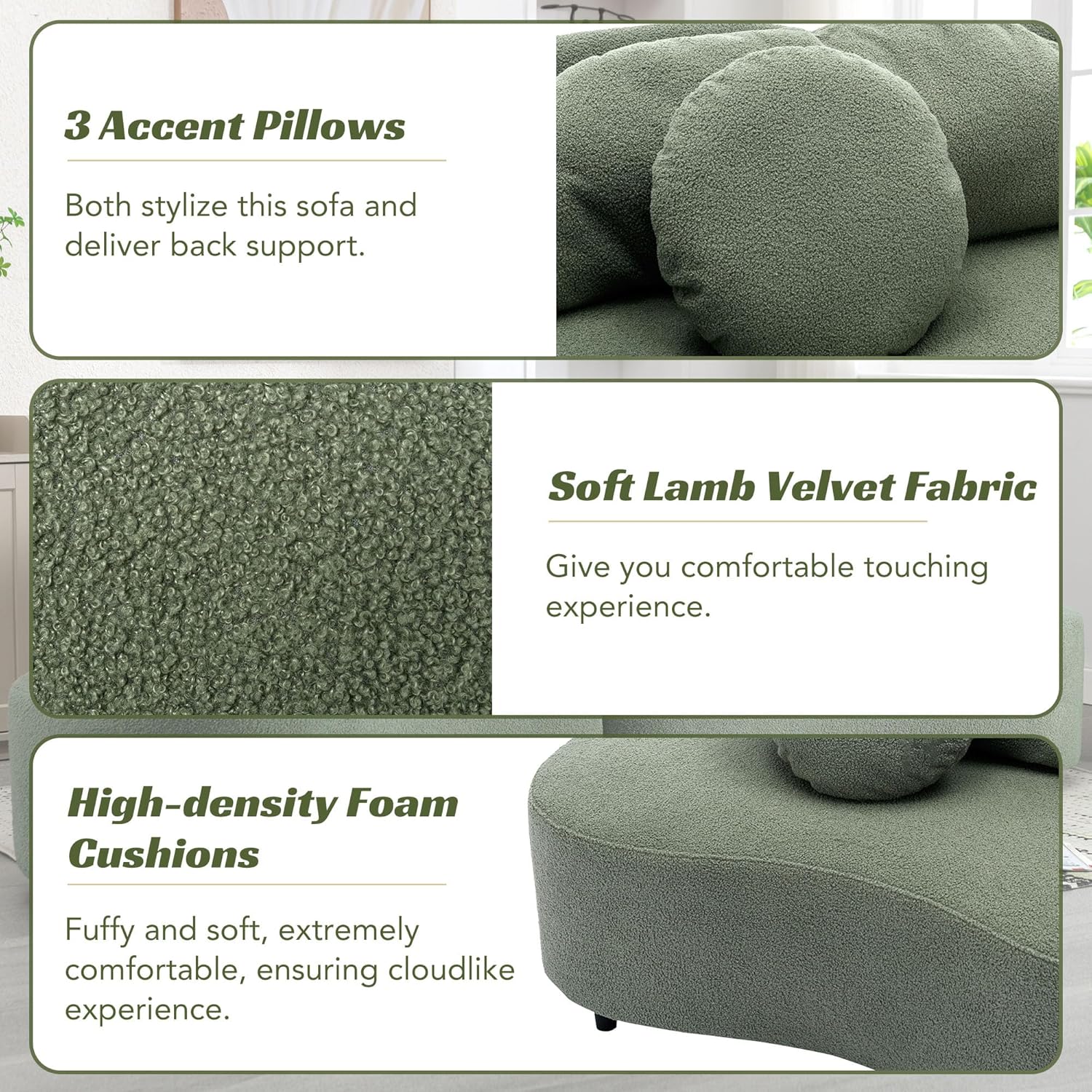 103.9" Modern Velvet Upholstered Sectional Sofa Curved Couch Living Room Furniture for Home Office, Green