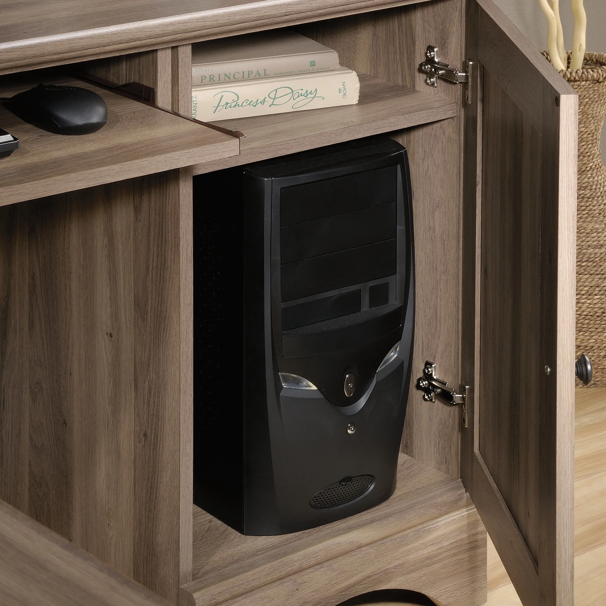 Sauder Harbor View L Shaped Computer Desk with Storage in Salt Oak