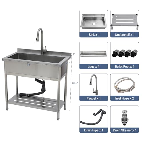 Lordear Stainless Steel Utility Sink 24 Inch - 24"x21" Freestanding Stainless Steel Kitchen Sink Single Bowl Commercial and Residential Use for Laundry Room Garage Outdoor and Kitchen