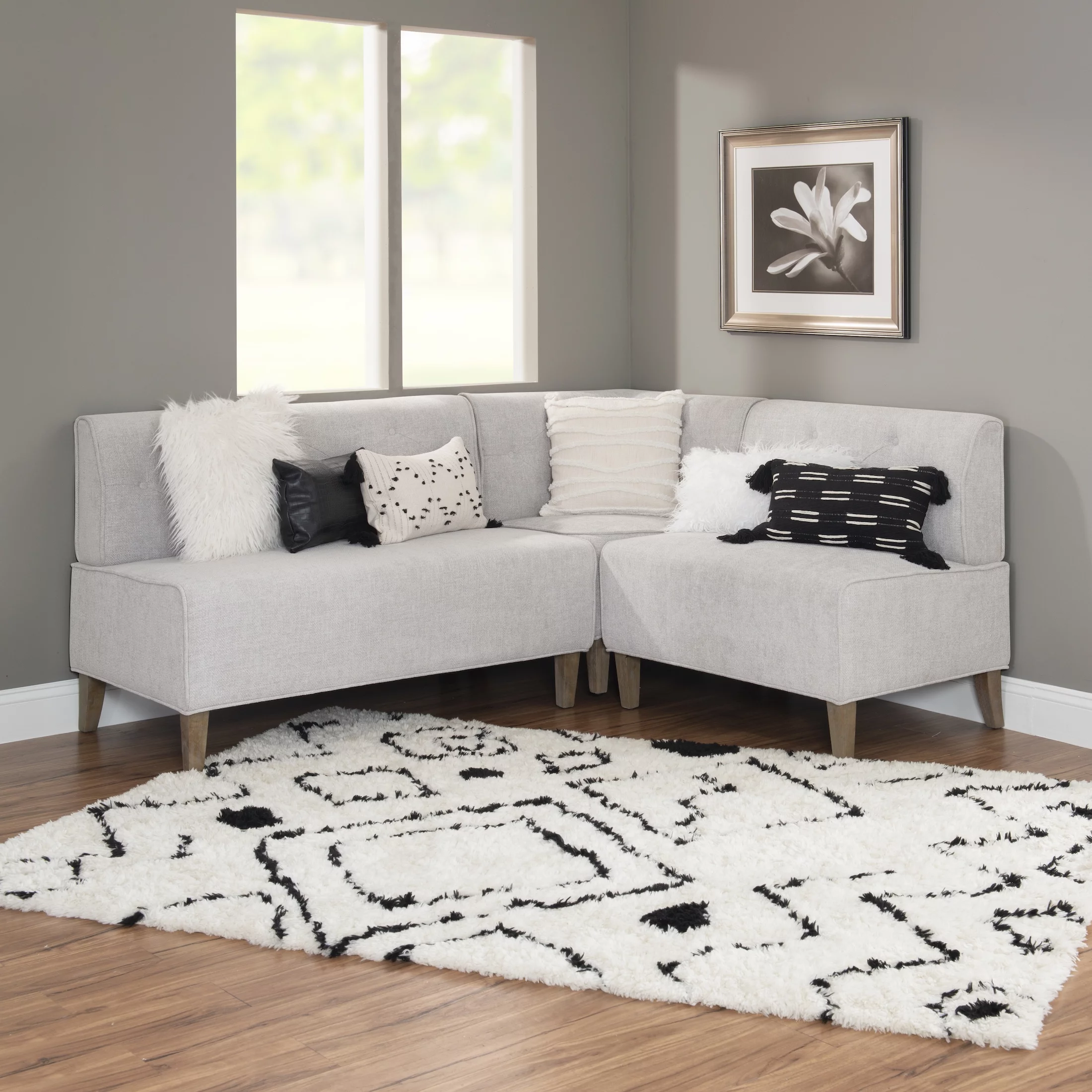 Augusta Upholstered Corner Dining Breakfast Nook, Seats 5, Natural with Light Gray Fabric