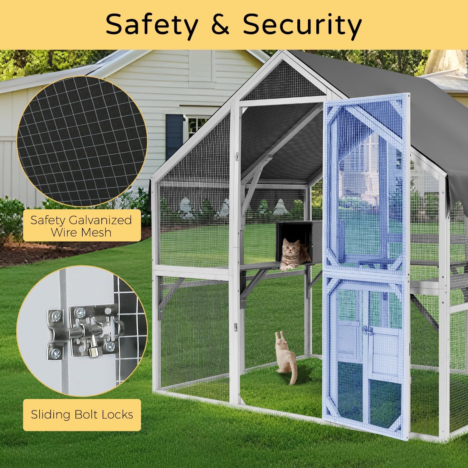 Catios for Cats Outdoor Patio Large Outdoor Cat Enclosure with Escape-Proof, Weatherproof for Multiple Cats Wooden Cat House, White-Grey LxWxH 74"x56.7"x73.6"