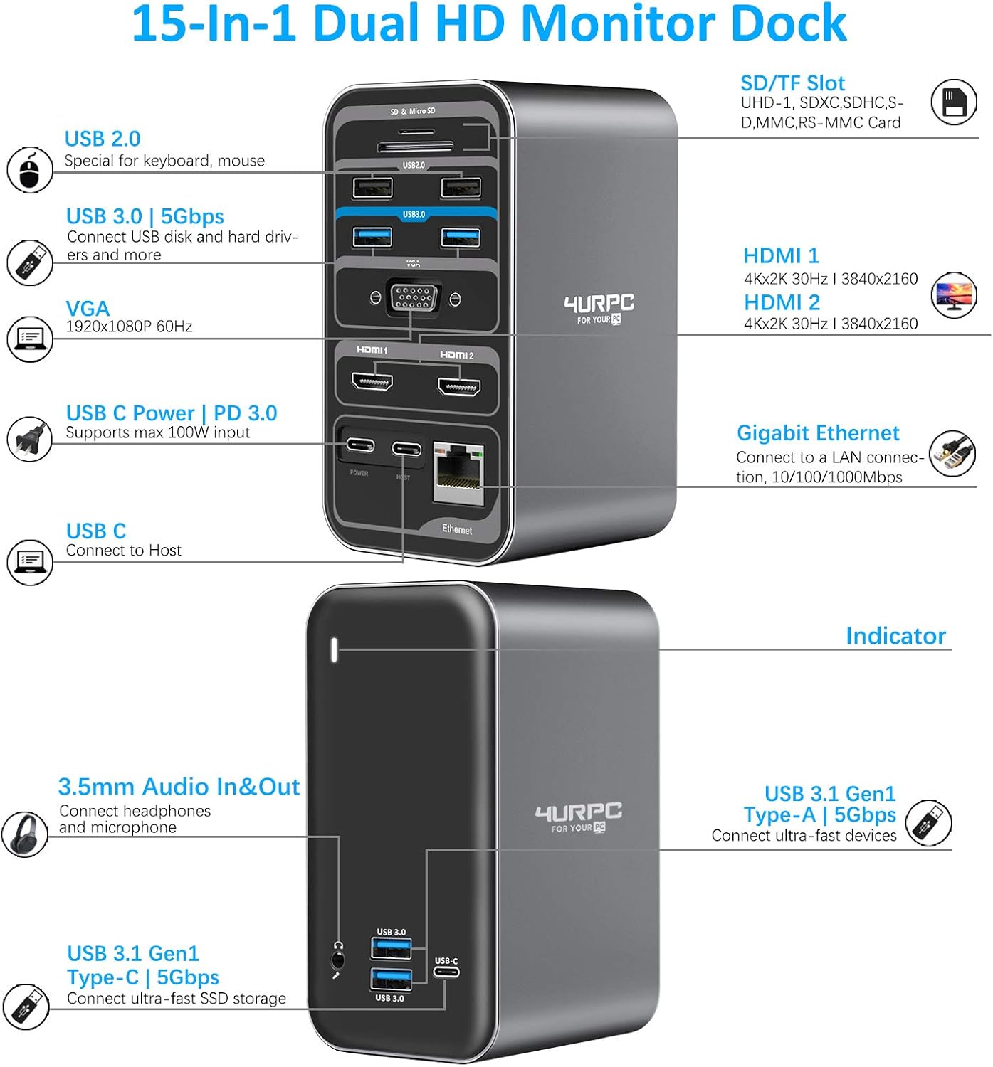 USB C Laptop Docking Station Dual Monitor HDMI, 15-in-1 USB C Dock with Dual HDMI, VGA, 6 USB, 60W USB C Charging, SD TF Slot, RJ45 and Audio/Mic, USB C Docking Station Dual Monitor for USB C Windows