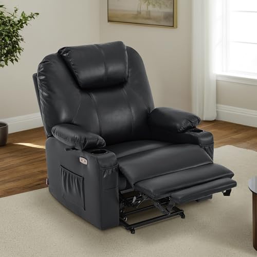MCombo Power Lift Recliner Chair for Elderly, Lift Chair with Heat and Massage, FSC Certified, USB Ports, Cup Holders, Faux Leather 7040 (Black, Medium)