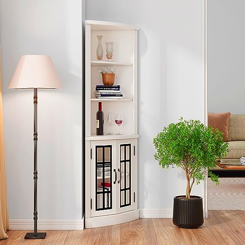 AMERLIFE Curved Corner Storage Cabinet, 65" Tall Freestanding Bookcase with Glass Doors & Adjustable Shelves, 5-Tier Corner Display Cabinet for Living Room, Bathroom, Laundry Room, Washed Grey