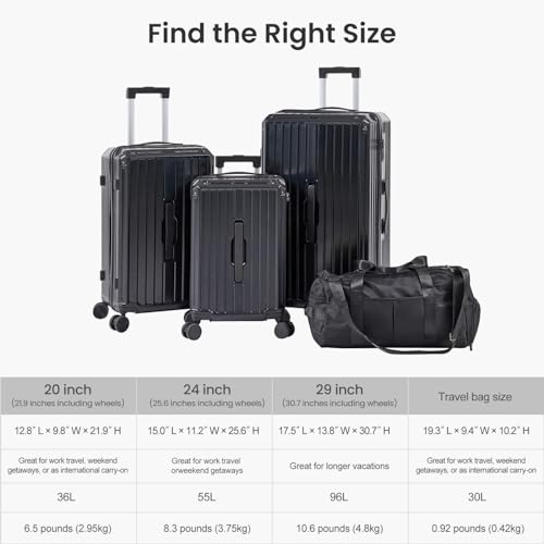Luggage 4 Piece Set (20"/24"/29"/Travel Bag),PC+ABS Durable Lightweight Luggage with Collapsible Cup Holder,360° Silent Spinner Wheels,TSA Lock, (White)
