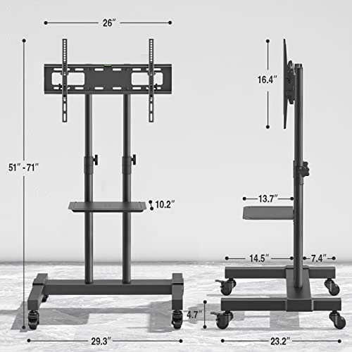 Mobile TV Stand Rolling TV Cart Floor Stand with Mount on Lockable Wheels Height Adjustable Shelf for 32-83 Inch TV Stand Flat Screen or Curved TVs Monitors Display Trolley Loading 110 lbs, White