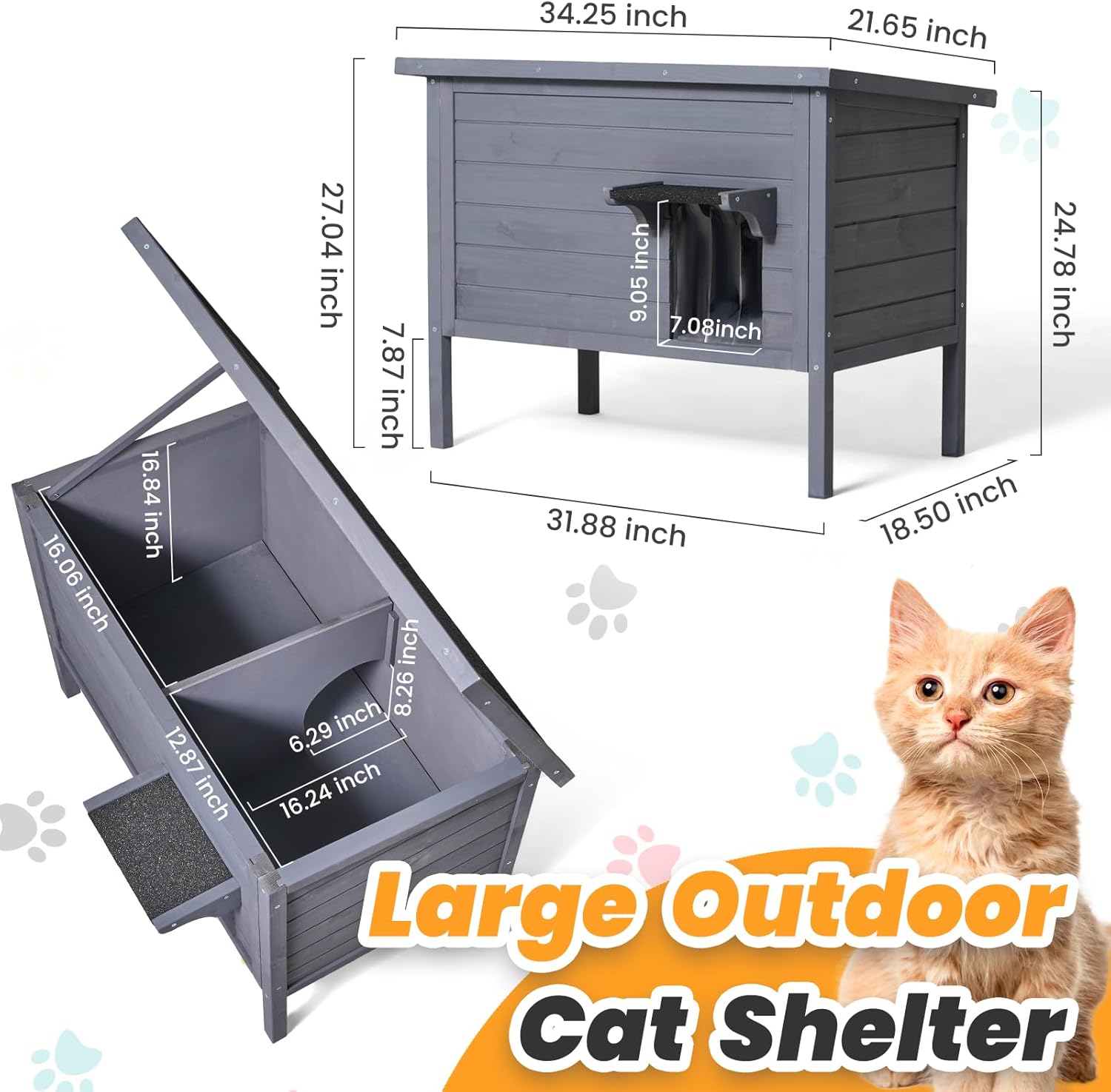 Outdoor Cat House Weatherproof,Feral Cat House Enclosures with Insulated All-Round Foam Wooden Cat Condos for Winter Outside, PVC Door Flaps