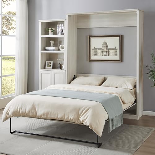 Murphy Bed,Cabinet Bed Folding Wall Bed,Queen Size Murphy Wall Bed with 1 Side Cabinet Storage Shelf,Cabinet Space-Saving Bed Perfect for Guest Room,Bed Room,Guest Room,Home Office (Rustic White-03)