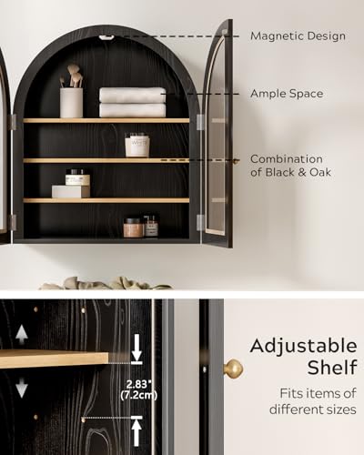 Large Arched Wall Cabinet, Bathroom Medicine Wall Mounted Cupboard, Modern Floating Storage Cabinet with Acrylic Door Adjustable Shelf, Wood Organizer (Natural Oak)