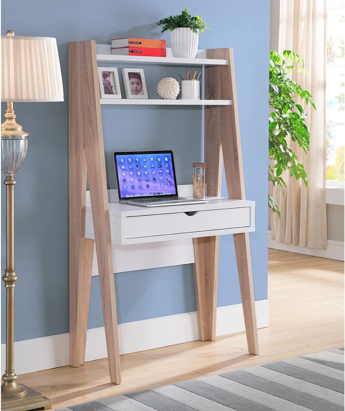 Ladder Desk Two- Tone, Home Office Study Desk with Drawer and Two Shelves in White & Weathered White