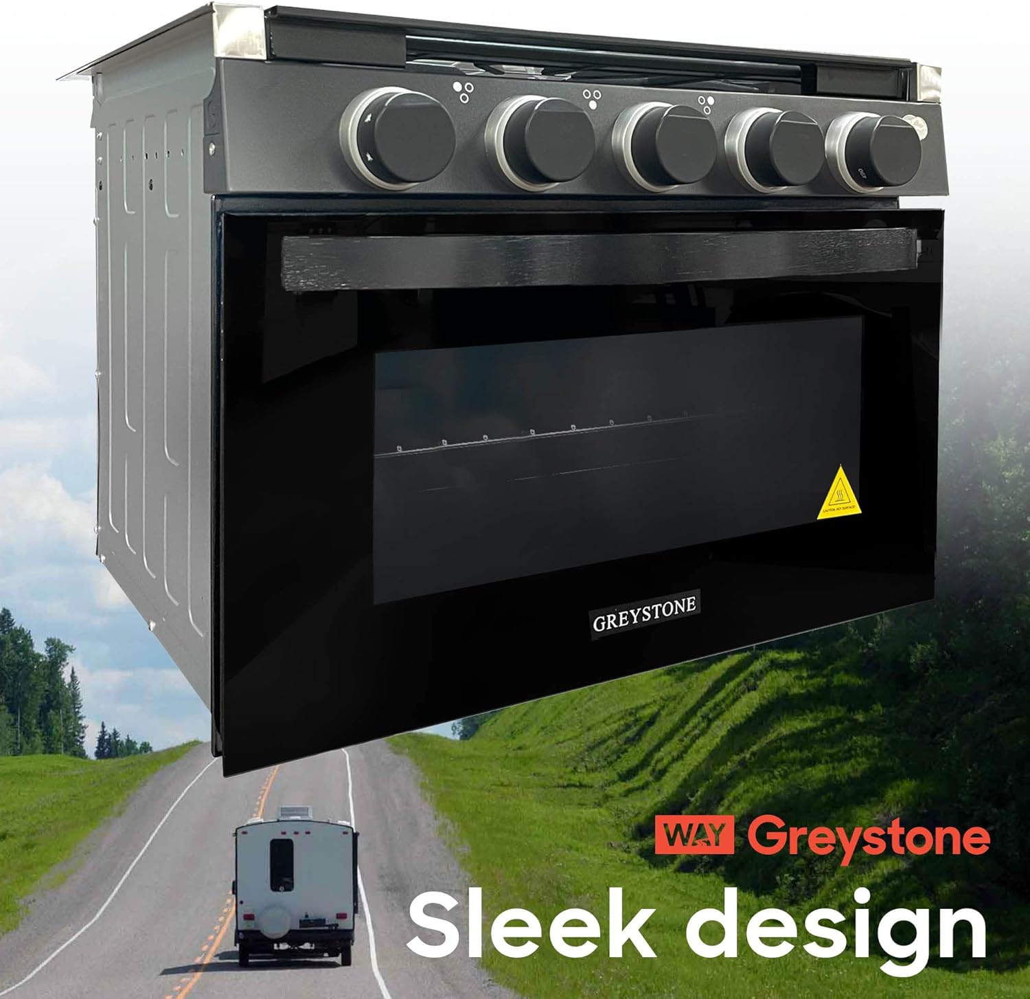 Greystone, 21 Inch RV Gas Range, Stove and Oven Combo, 12 Volt, LP, 3 Burners, Stainless Steel Trim with Black Fixtures