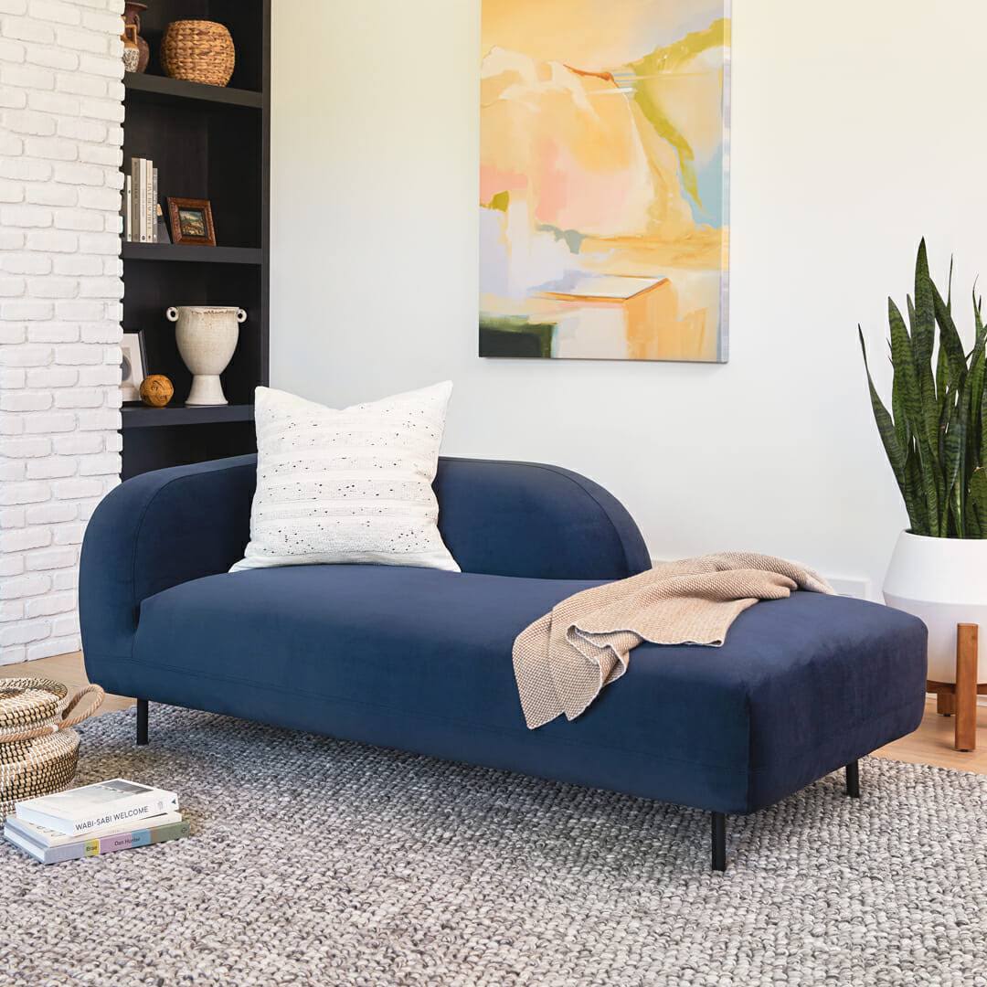 Blue Velvet Daybed, Black Metal Legs | Article Lupra Modern Furniture