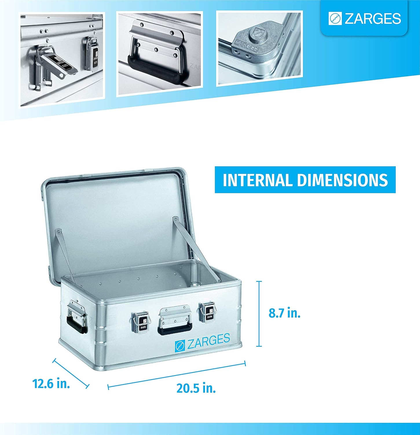 Zarges?K470 Aluminum Hard Protective Carrying Case, Portable Stackable Storage, Customizable Safe Lock Box, Dust and Water Resistant (44.1 x 28.3 x 18.9 Inches)