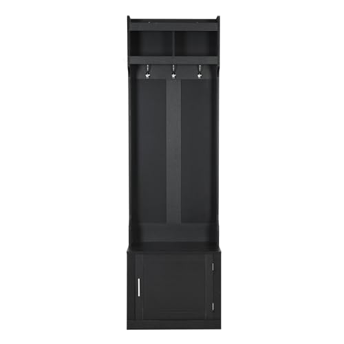 Narrow Hall Tree with Shoe Storage Bench, Mudroom Storage Cabinet with 6 Hanging Hooks, Wooden Storage Bench with Coat Rack, Foyer Cabinet for Hallway, Living room, White