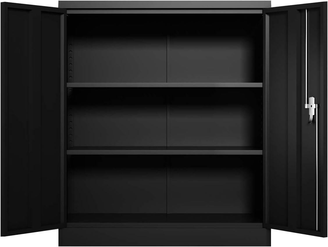 GREATMEET Metal Storage Cabinets with 2 Adjustable Shelves,41.6" H Locking Metal Cabinet Counter Office Storage Cabinet with Handle Security Lock for Home Office (Black 41.6" H)