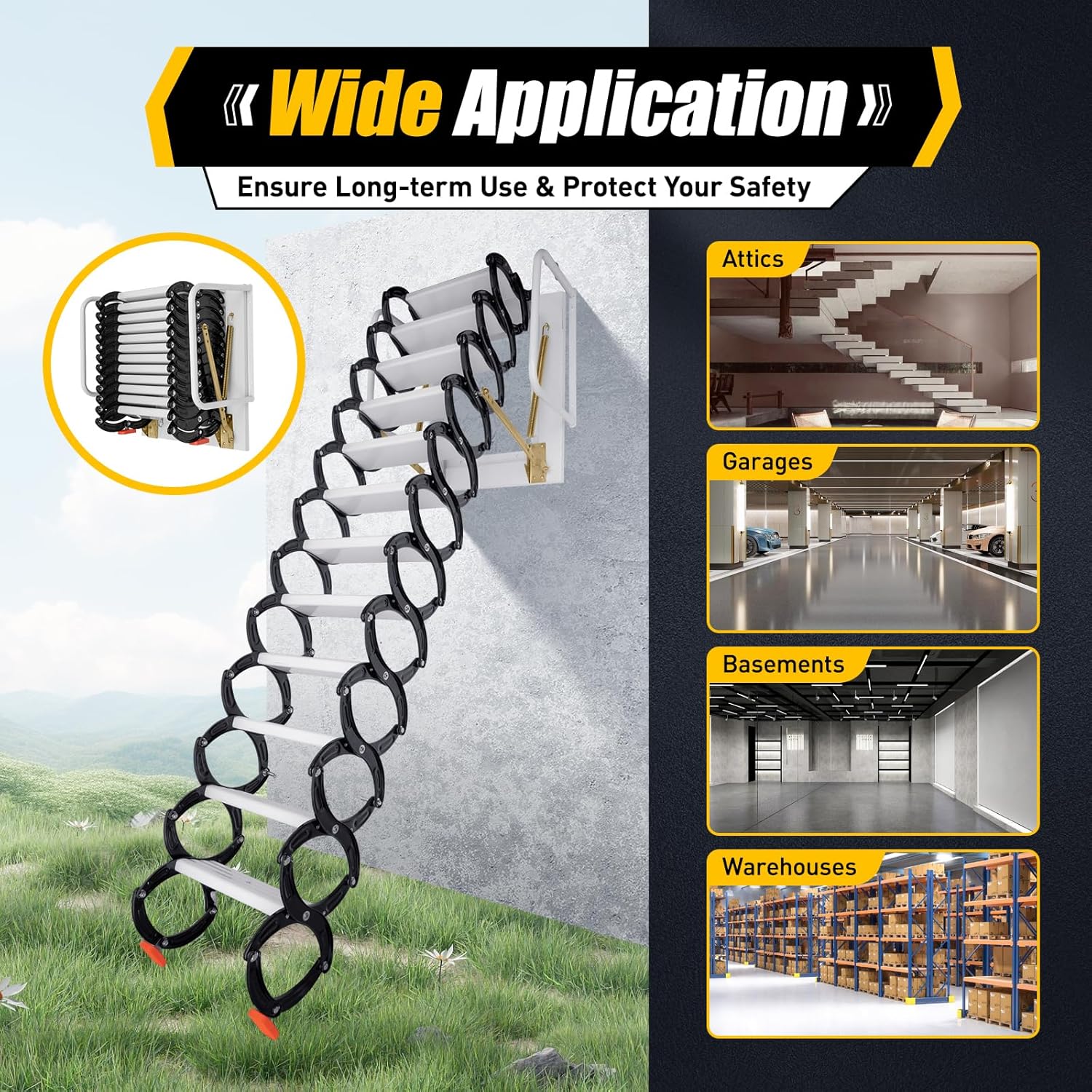 Wall Mounted Folding Ladder, 9.5ft 12steps Attic Loft Ladder Stair Attic Pull down Stair for Cottage Basement Retractable Attic Ladder with Armrests, 882 lbs Load-bearing(Black+White)