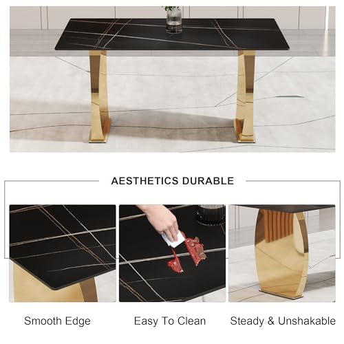 63" Luxury Black Sintered Stone Dining Table Room Sets for 6,Modern Dining Table sets for 6,Black Dining Table with Stainless Steel Golden Legs with 6 PU leather Dining Chairs for Kitchen