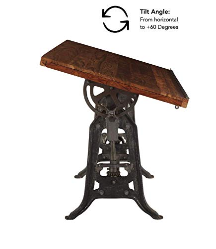 Vintage Drafting Table | Adjustable Height and Tiltable. Features Iron Cast Base and Reclaimed Mango Wood Table Top.