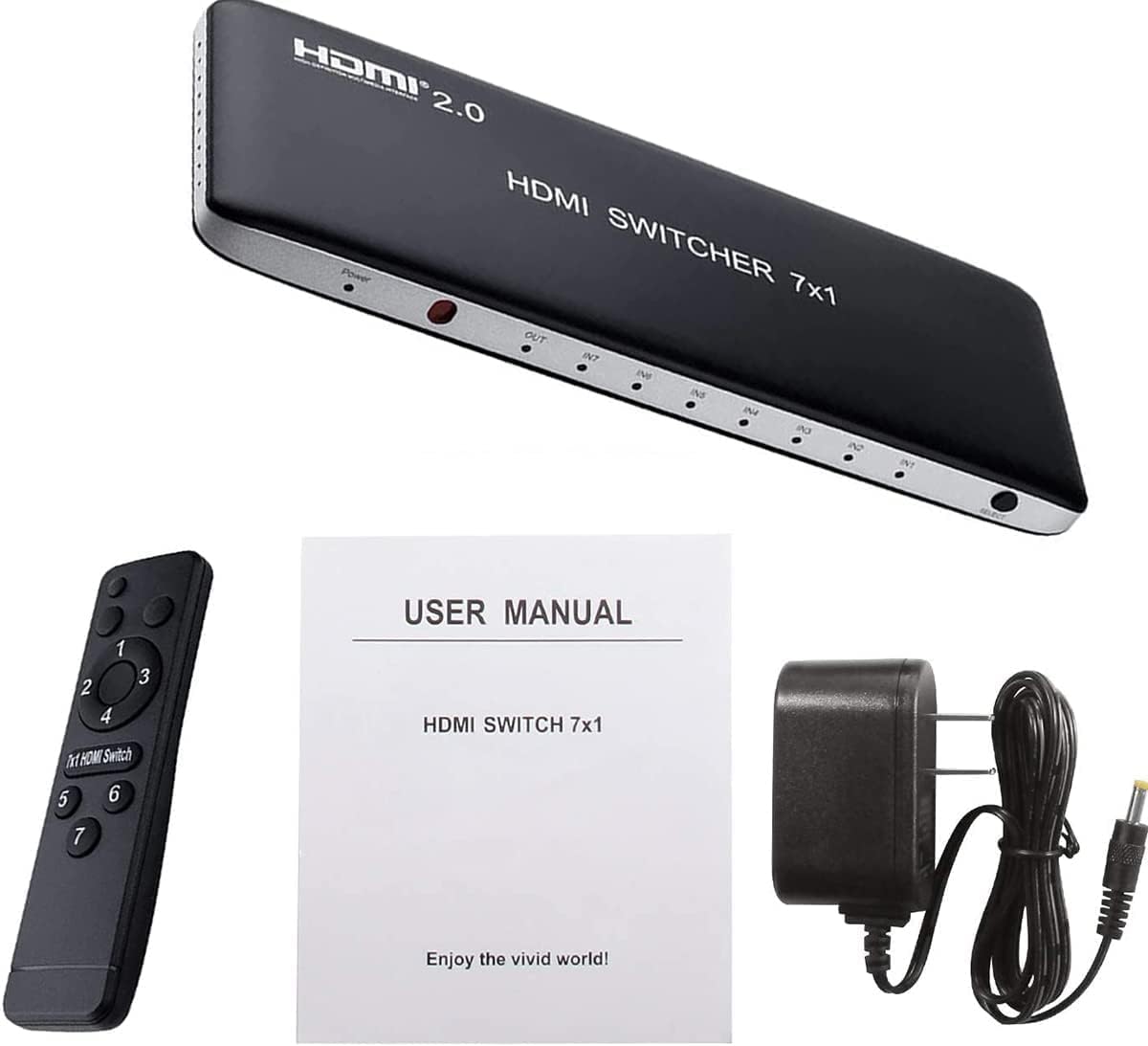HDMI Switch 7x1 HDMI Switcher 7 in 1 Out HDMI Switch Selector 7Port Box with IR Remote Control HDMI 2.0 HDCP 2.2 Support 4K@60Hz Ultra HD 3D with and Power Adapter (US Power Supply) Pack of 2