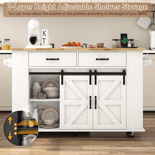 59" Kitchen Island W/Power Outlet&Drop Leaf,Kitchen Rolling Island W/Spice Rack&Towel Rack&Drawers,Kitchen Island Cart W/Sliding Barn Door,Mobile Island Table W/Adjustable Shelves for Dining Room