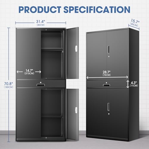 DNA MOTORING 71'' Metal Storage Cabinet, Locking Tool Cabinet with 1 Drawer and Adjustable Shelves, Lockable Heavy Duty Metal Locker for Garage,Office,Home,Gym, Gray, TOOLS-00629-GY-GY-A