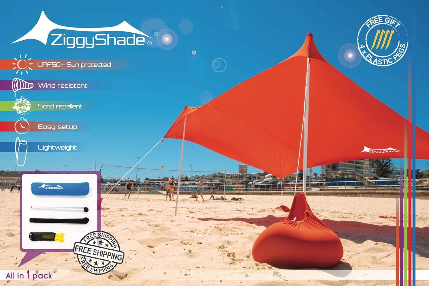 ZiggyShade Family Beach Sunshade – Lightweight Sun Shade Tent with Sandbag Anchors & 4 Free Pegs | UPF50+ UV Quality Lycra Fabric | Large & Portable | Canopy for Parks & Outdoor