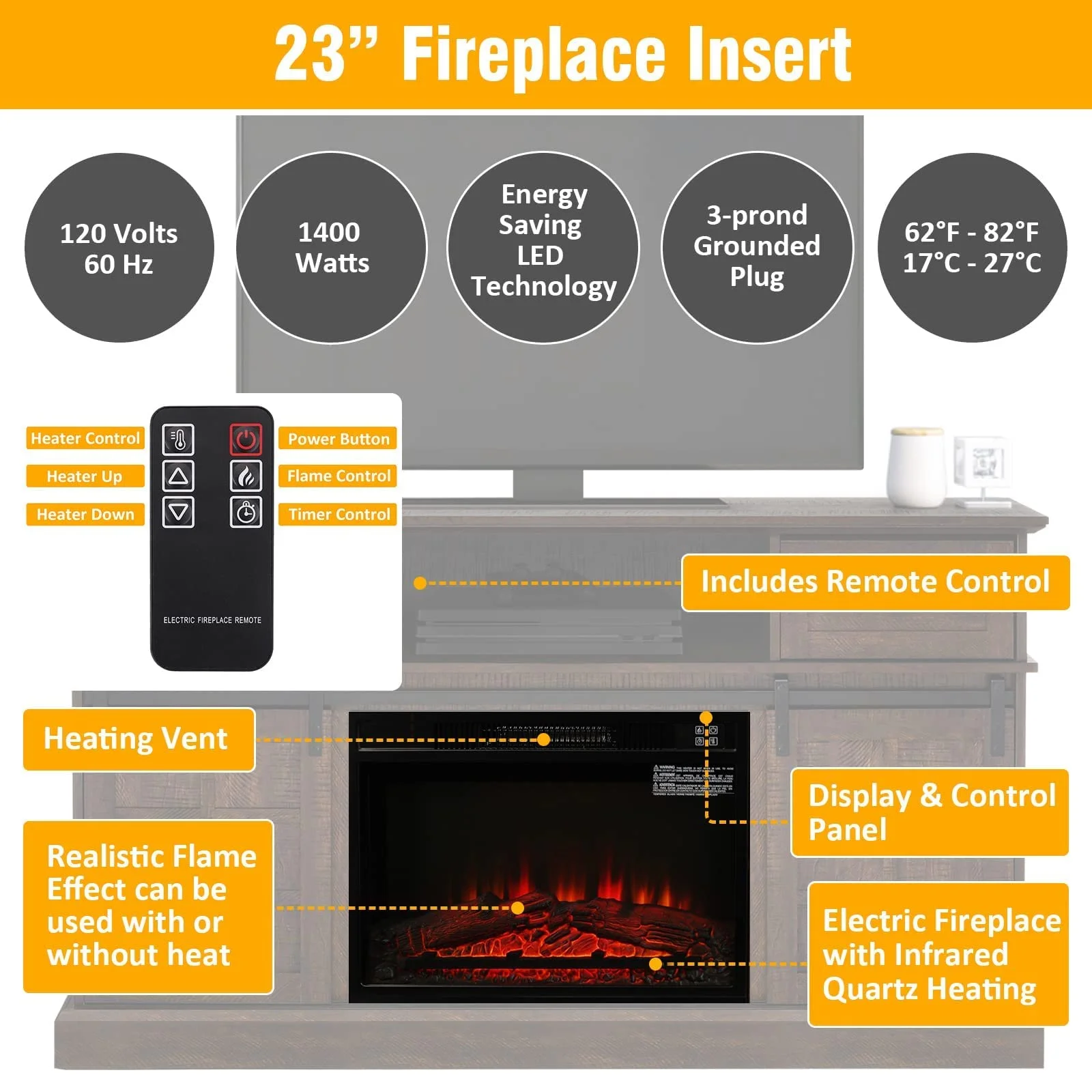 LGHM Fireplace TV Stand with 23" Electric Fireplace for TVs Up to 65", LED Light Entertainment Center with Storage Cabinet, for Living Room Bedroom, Gray