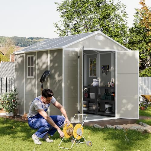UDPATIO Outdoor Storage Shed 6 x 6 FT, Resin Garden Sheds with Floor Plastic Patio Outdoor Storage Shed with Lockable Door for Tool, Bike, Garbage Gray White