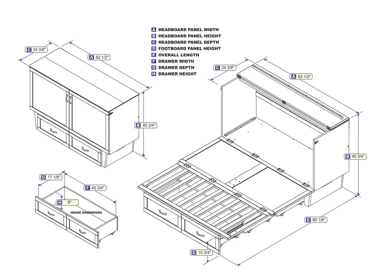AFI Monroe Queen Solid Wood Murphy Bed Chest with Mattress, Drawer and Charger in White