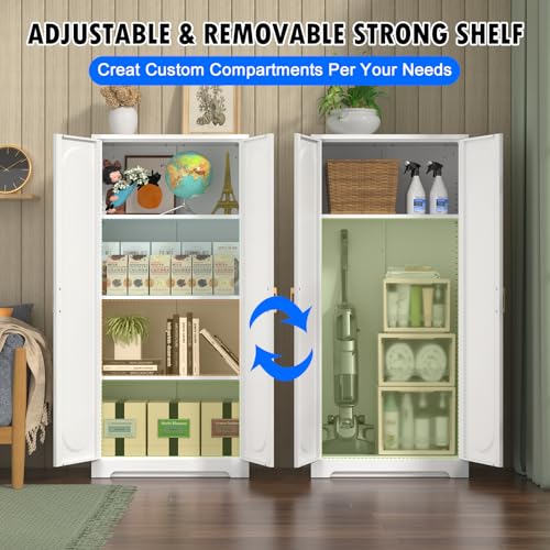 Metal Storage Cabinet with Doors and Shelves, 71 Inch Tall Kitchen Pantry Cabinet, Pantry Cabinets for Kitchen Storage, Freestanding Cupboard for Living, Dining Room, White, Assembly Required