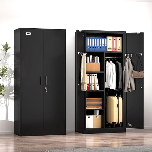 Steel Armoire Wardrobe Closet, 71" Metal Clothing Storage Cabinets with 2 Doors, 1 Adjustable Shelf and 2 Drawers, Metal Wardrobe Cabinet with Hanging Rod for Bedroom, Gym, Cloak Room (Black)