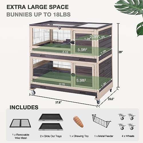 Two-Story Guinea Pig Cage with Wheels Rabbit Hutch Indoor Outdoor with 6 Access Doors, 2 Pull-Out Trays, Removable Wire Mesh and UV Proof Panel(Grey)