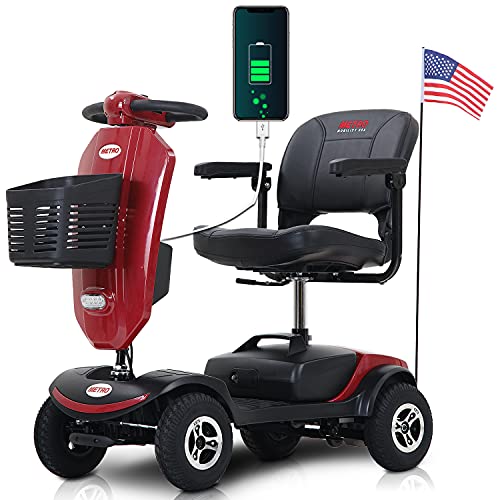 Outdoor Compact Mobility Scooter for Seniors, Foldable Electric Powered Mobile Wheelchair with Powerful USB Port & Two Cup Holder 300 LBS Max Weight, Collapsible & Compact for Travel with Family, Red