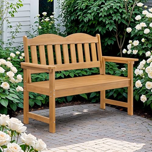 Outdoor Bench, 2-Person Poly Lumber Garden Bench with 800 lbs Weight Capacity, All-Weather Patio Bench with Armrests and Backrest for Garden, Porch, Backyard and Park, Blue