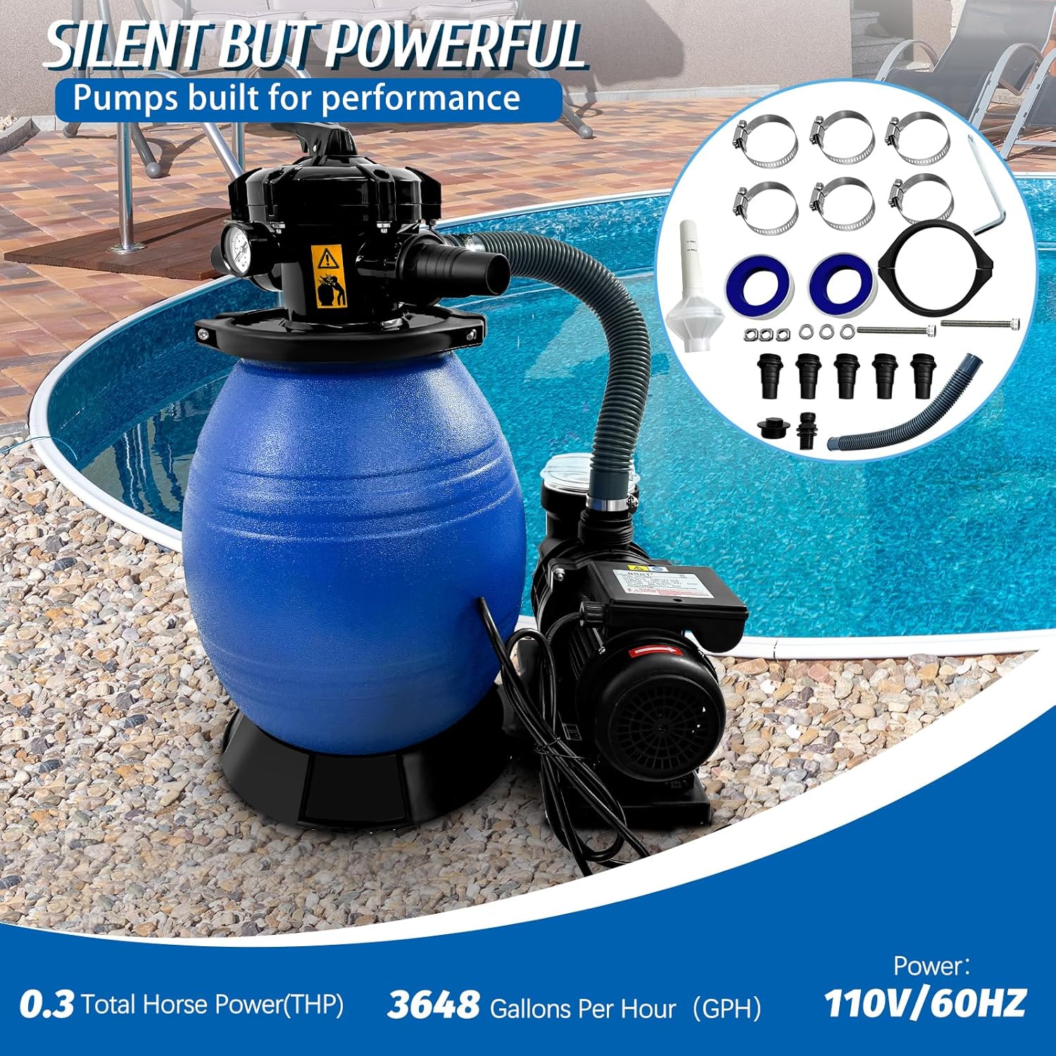 13 Inch Pool Sand Filter 6 Way Valve High-Flo Sand Filter Pump System w/ 3/4HP Pool Pump for Above Ground and Inground Pools with Multi Port Valve
