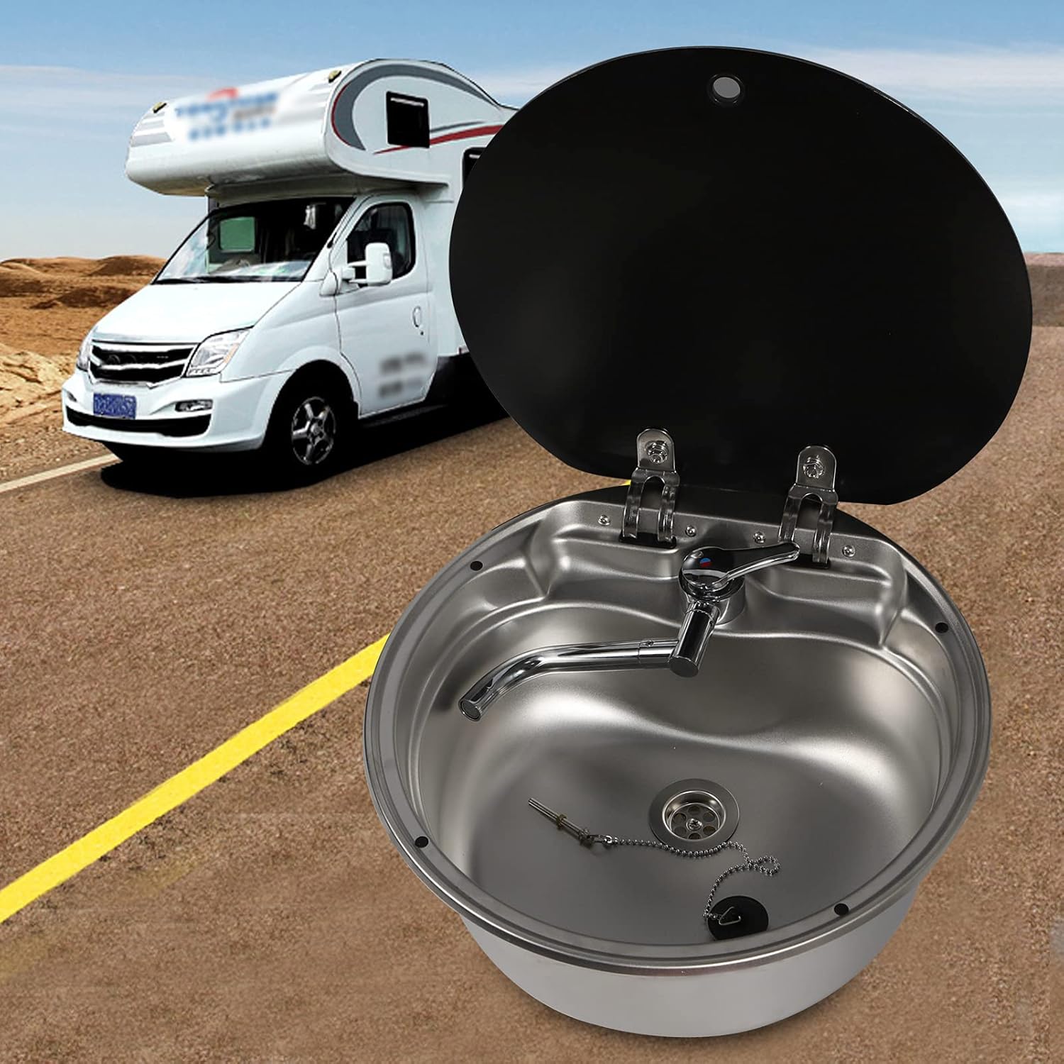 TBVECHI RV Caravan Basin Sink, Stainless Steel Single Bowl Camper Kitchen Basin Sink Hand Wash Basin with Cold Hot Faucet Space Saving Design Convenient Glass Lid Rubber Seals Easy to Install