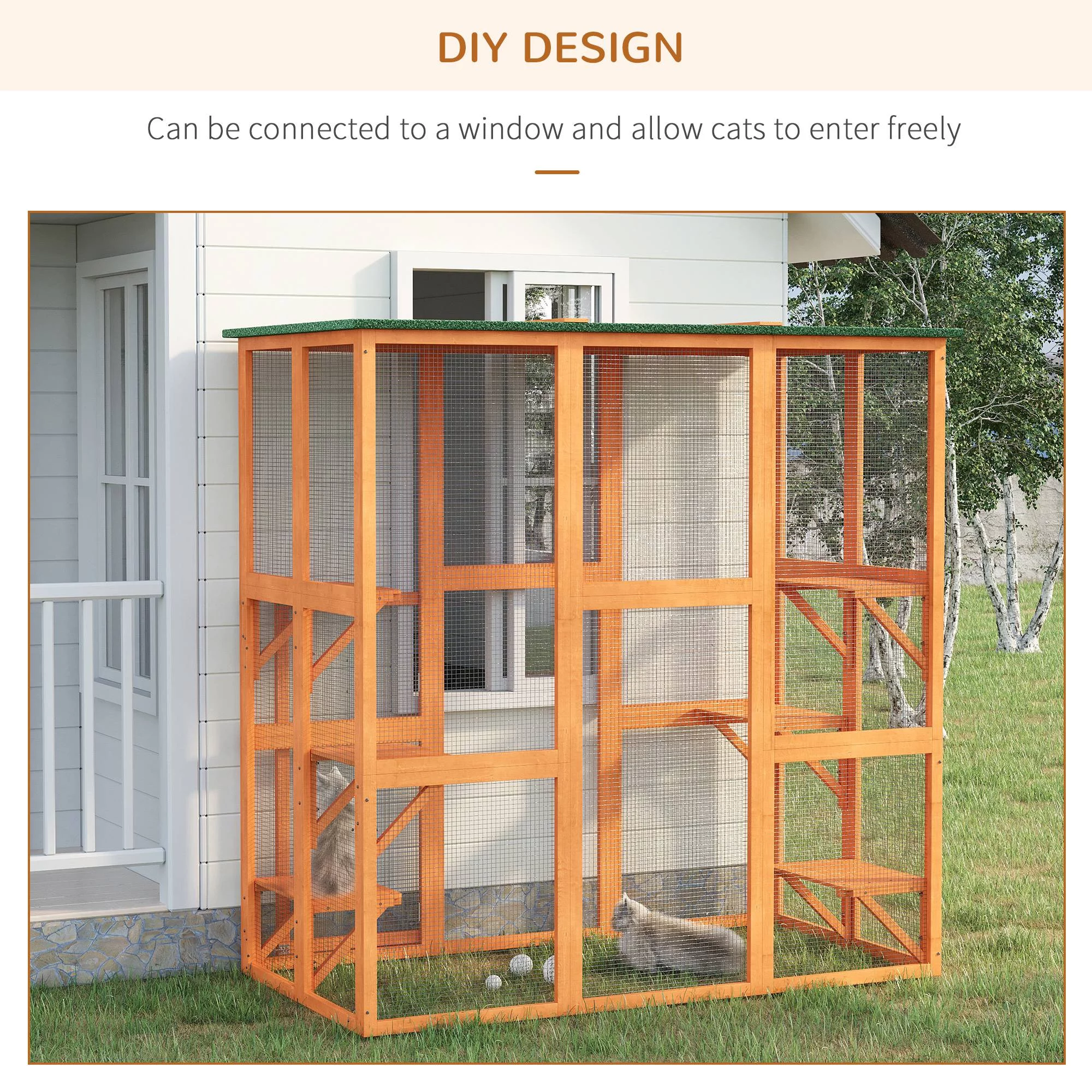 PawHut Outdoor Cat House Big Catio Wooden Feral Cat Shelter Enclosure with Large Spacious Interior, 6 High Ledges, Weather Protection Asphalt Roof, 71" L, Orange