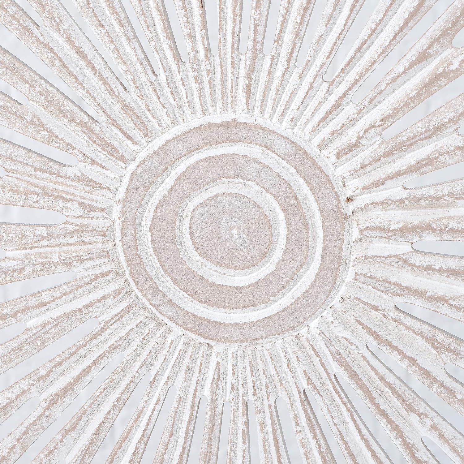 Modernist Sunburst Room Divider, Carved, Abstract Burst Motif, 3 Panel, Vintage Style, Rustic Pale Wood, White Wash Distressed, Mango and MDF Wood, Approx. 6 Ft Tall, 71.75 Inches Tall (182 H cm)