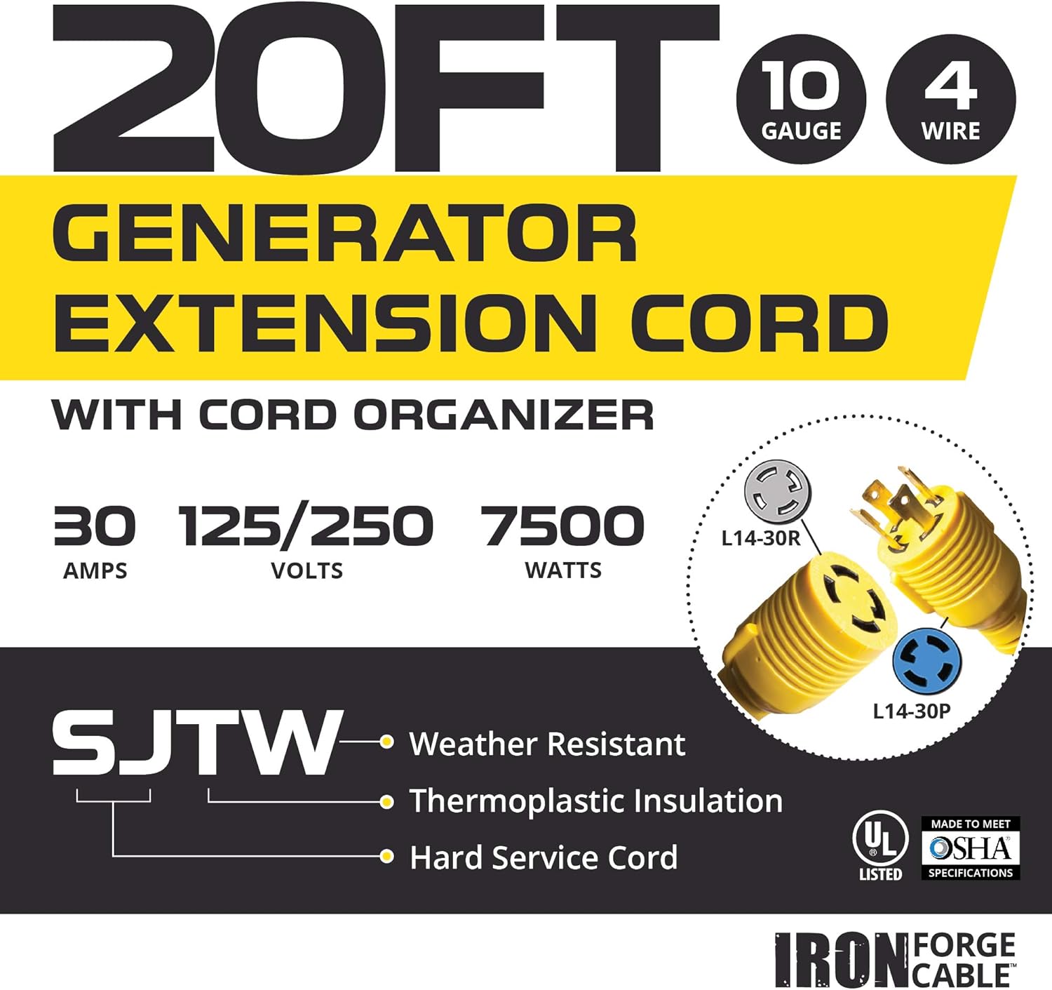 30 Amp Generator Cord - L14-30 40 Ft Generator Power Cable with Organizer 10/4 SJTW, 125/250v, 7500 Watt