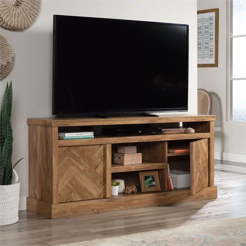 Sauder Cannery Bridge Herringbone TV Stand for TVs up to 65", Sindoori Mango Finish
